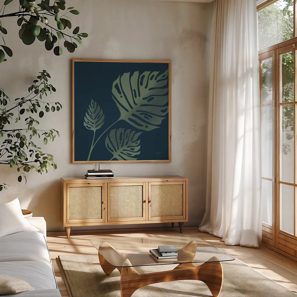 Monstera I by Becky Thorns. Shown in a natural wood frame in a cozy modern living room. Available as an archival giclee rolled canvas, fine art paper, or poster print. SKU 52079a.