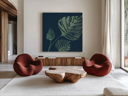 Monstera I by Becky Thorns. Shown as extra-large giant wall art in a modern living room. Available as an archival giclee rolled canvas, fine art paper, or poster print. SKU 52079a.