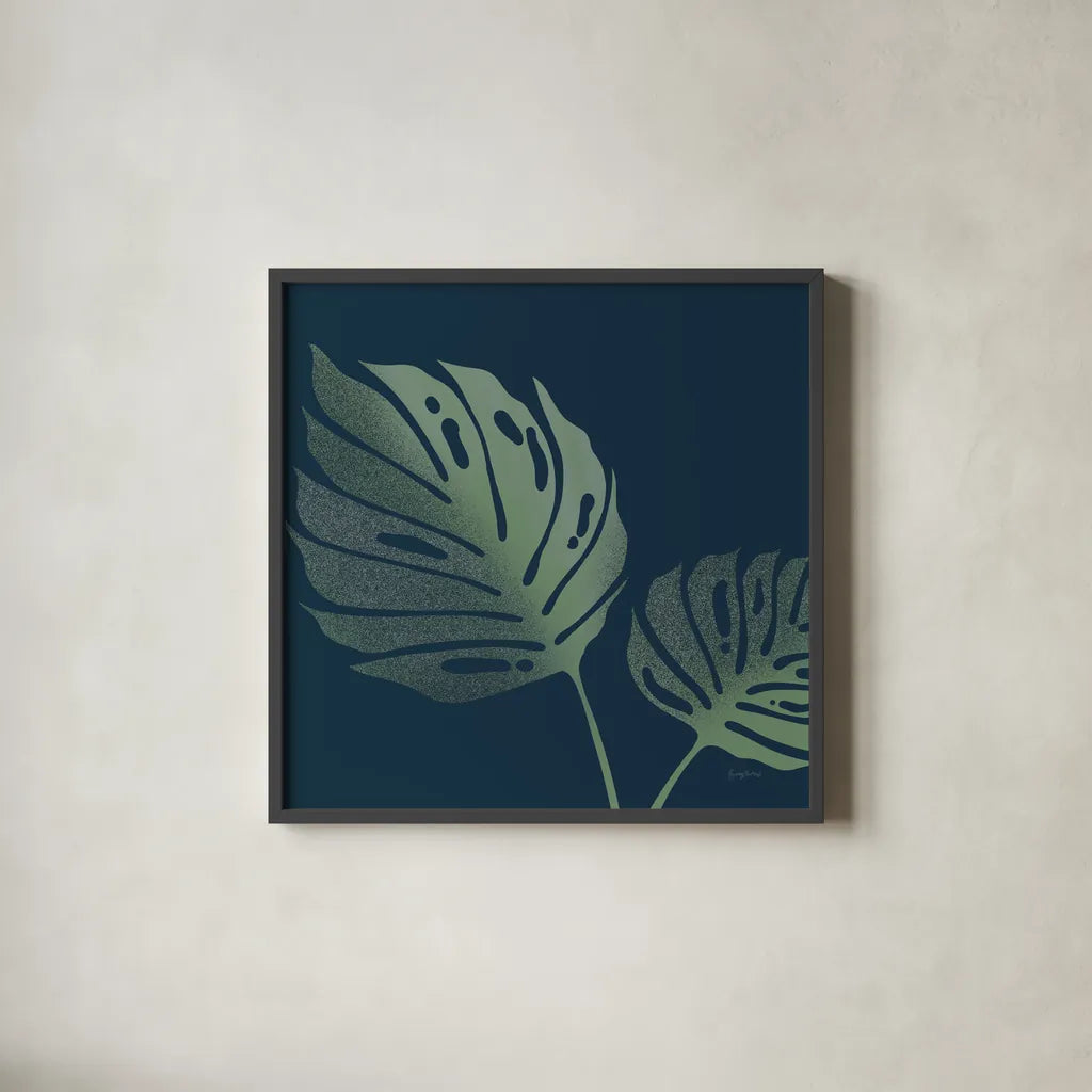 Monstera II by Becky Thorns. Shown in a sleek black glass frame for a contemporary gallery look. Available as an archival giclee rolled canvas, fine art paper, or poster print. SKU 52080a.