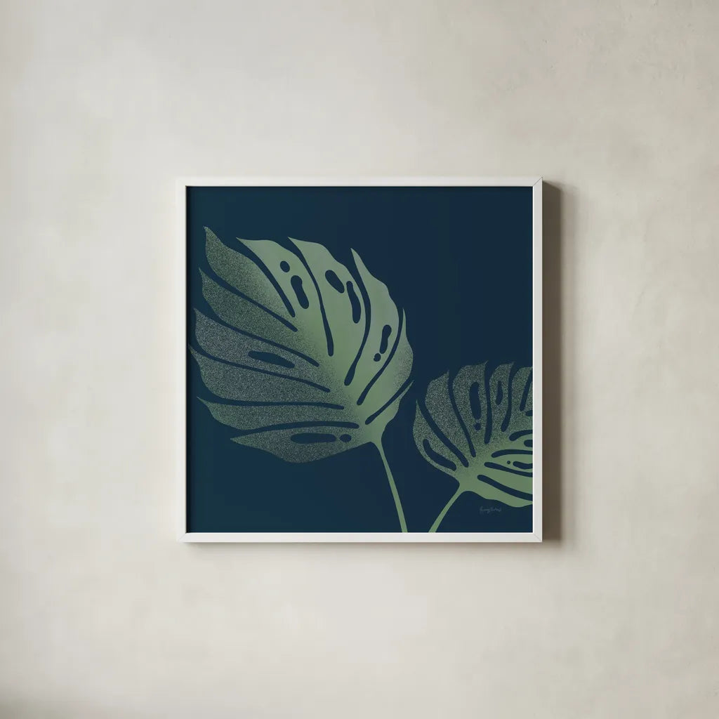 Monstera II by Becky Thorns. Shown in a crisp white glass frame for a clean and minimalist style. Available as an archival giclee rolled canvas, fine art paper, or poster print. SKU 52080a.