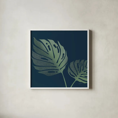 Monstera II by Becky Thorns. Shown in a crisp white glass frame for a clean and minimalist style. Available as an archival giclee rolled canvas, fine art paper, or poster print. SKU 52080a.