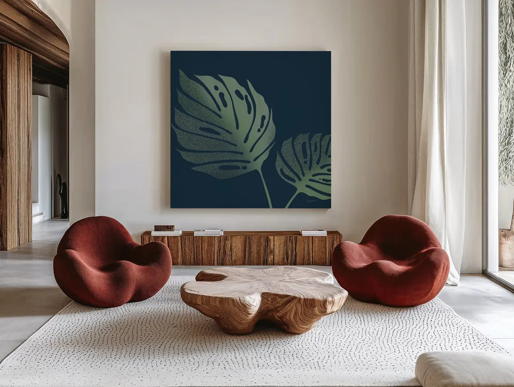Monstera II by Becky Thorns. Shown as extra-large giant wall art in a modern living room. Available as an archival giclee rolled canvas, fine art paper, or poster print. SKU 52080a.