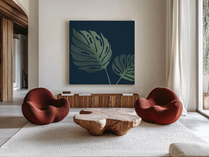 Monstera II by Becky Thorns. Shown as extra-large giant wall art in a modern living room. Available as an archival giclee rolled canvas, fine art paper, or poster print. SKU 52080a.