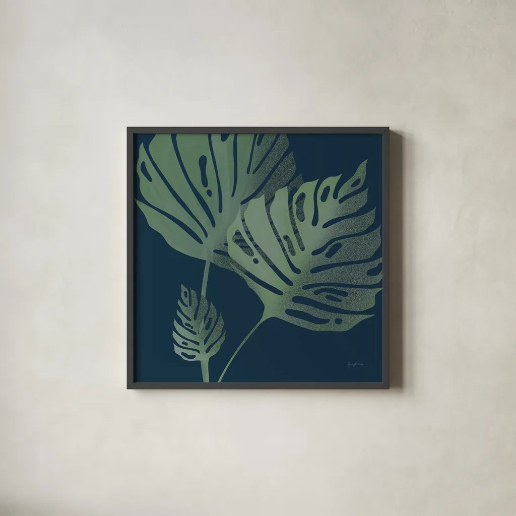 Monstera III by Becky Thorns. Shown in a sleek black glass frame for a contemporary gallery look. Available as an archival giclee rolled canvas, fine art paper, or poster print. SKU 52081a.