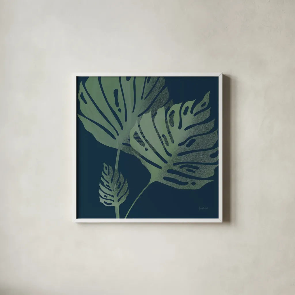 Monstera III by Becky Thorns. Shown in a crisp white glass frame for a clean and minimalist style. Available as an archival giclee rolled canvas, fine art paper, or poster print. SKU 52081a.