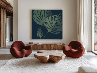 Monstera III by Becky Thorns. Shown as extra-large giant wall art in a modern living room. Available as an archival giclee rolled canvas, fine art paper, or poster print. SKU 52081a.