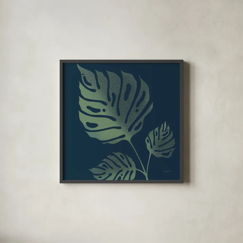 Monstera IV by Becky Thorns. Shown in a sleek black glass frame for a contemporary gallery look. Available as an archival giclee rolled canvas, fine art paper, or poster print. SKU 52082a.