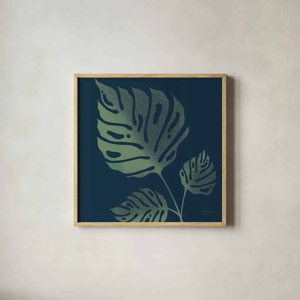 Monstera IV by Becky Thorns. Shown in a natural wood glass frame for a timeless modern aesthetic. Available as an archival giclee rolled canvas, fine art paper, or poster print. SKU 52082a.
