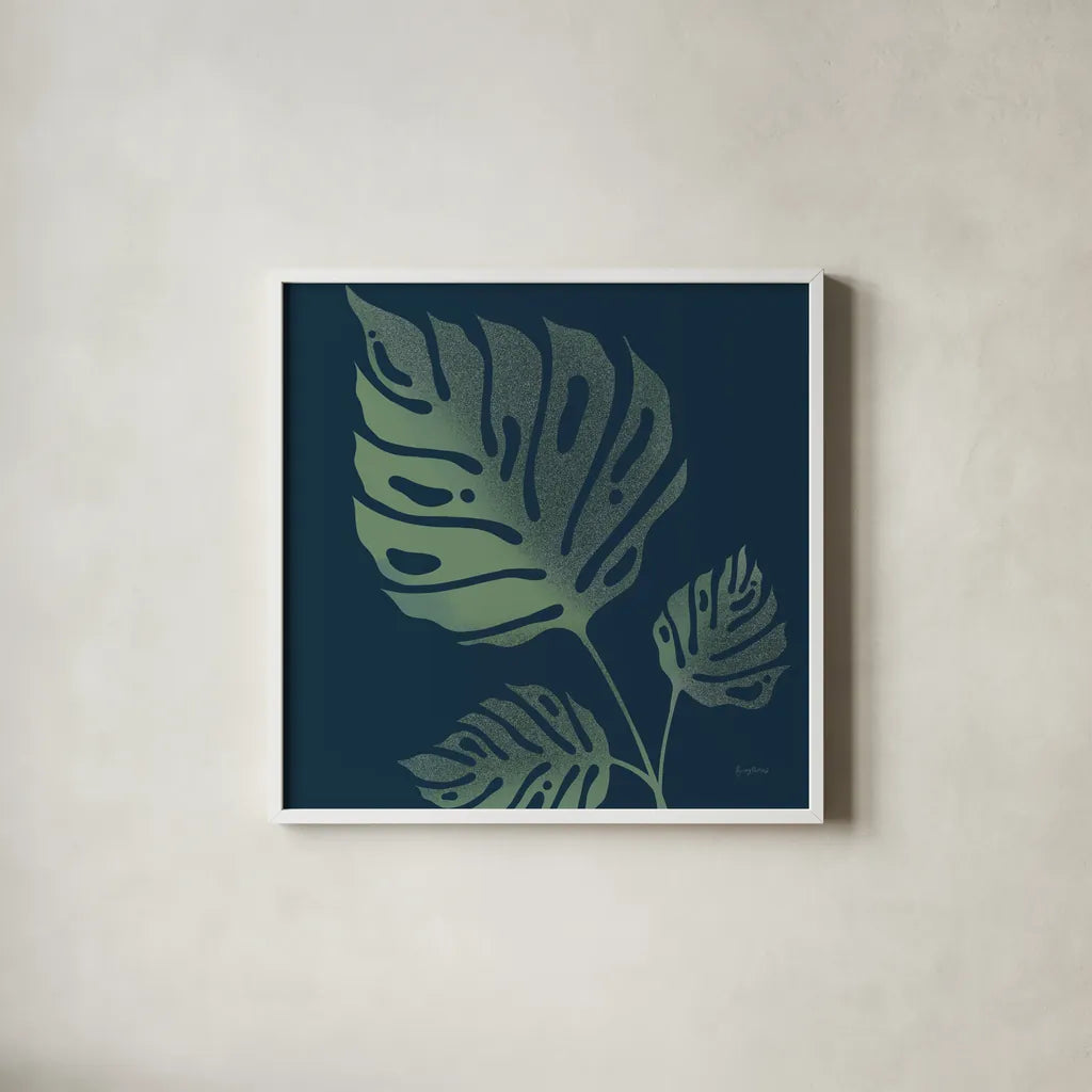Monstera IV by Becky Thorns. Shown in a crisp white glass frame for a clean and minimalist style. Available as an archival giclee rolled canvas, fine art paper, or poster print. SKU 52082a.
