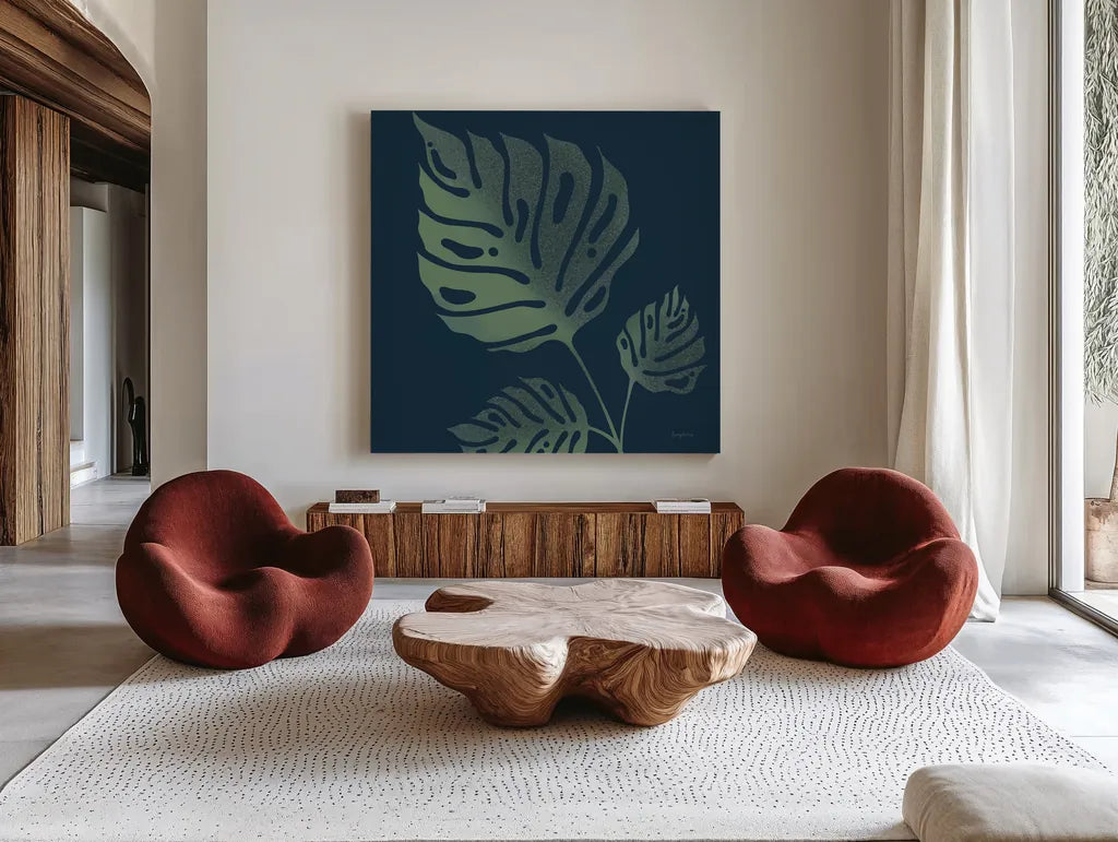 Monstera IV by Becky Thorns. Shown as extra-large giant wall art in a modern living room. Available as an archival giclee rolled canvas, fine art paper, or poster print. SKU 52082a.