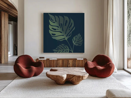 Monstera IV by Becky Thorns. Shown as extra-large giant wall art in a modern living room. Available as an archival giclee rolled canvas, fine art paper, or poster print. SKU 52082a.