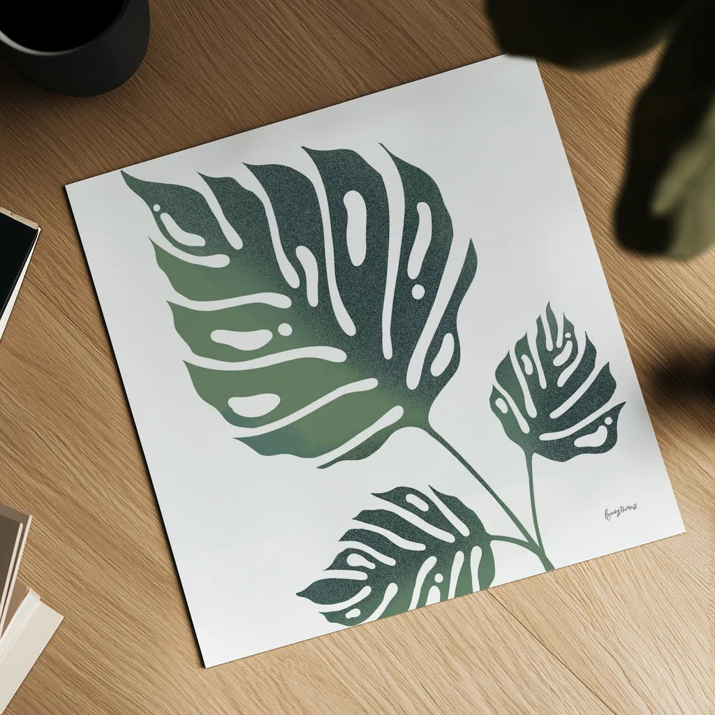 Monstera IV White by Becky Thorns. Shown as a detailed flat fine art print, highlighting archival giclee quality. Available as an archival giclee rolled canvas, fine art paper, or poster print. SKU 56168a.