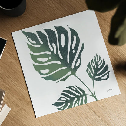 Monstera IV White by Becky Thorns. Shown as a detailed flat fine art print, highlighting archival giclee quality. Available as an archival giclee rolled canvas, fine art paper, or poster print. SKU 56168a.