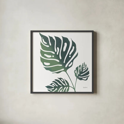 Monstera IV White by Becky Thorns. Shown in a sleek black glass frame for a contemporary gallery look. Available as an archival giclee rolled canvas, fine art paper, or poster print. SKU 56168a.
