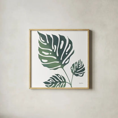 Monstera IV White by Becky Thorns. Shown in a natural wood glass frame for a timeless modern aesthetic. Available as an archival giclee rolled canvas, fine art paper, or poster print. SKU 56168a.