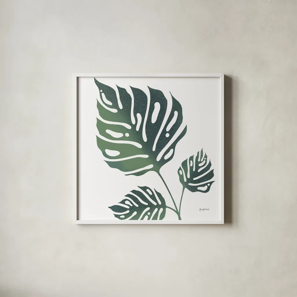 Monstera IV White by Becky Thorns. Shown in a crisp white glass frame for a clean and minimalist style. Available as an archival giclee rolled canvas, fine art paper, or poster print. SKU 56168a.