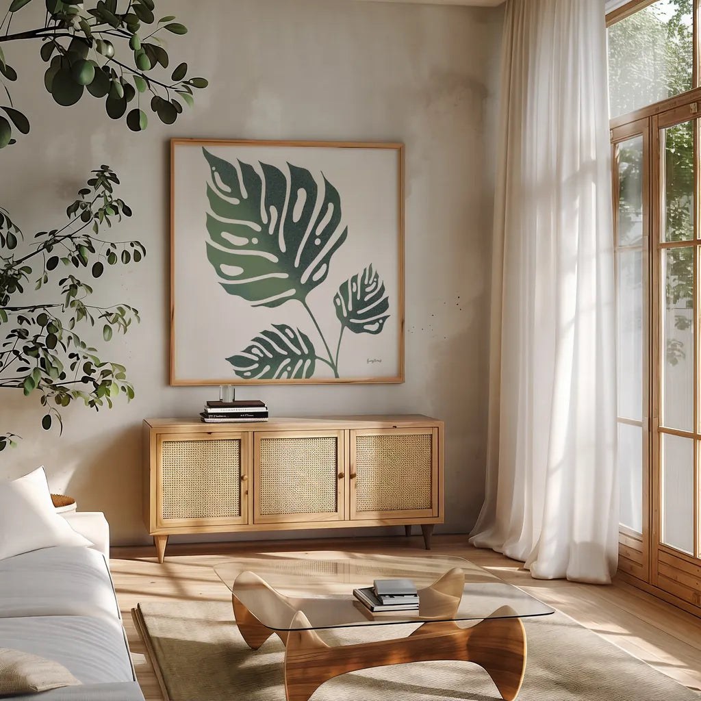 Monstera IV White by Becky Thorns. Shown in a natural wood frame in a cozy modern living room. Available as an archival giclee rolled canvas, fine art paper, or poster print. SKU 56168a.