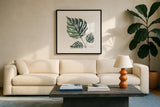 Monstera IV White by Becky Thorns. Displayed in a glass frame with matte in a clean modern living room. Available as an archival giclee rolled canvas, fine art paper, or poster print. SKU 56168a.