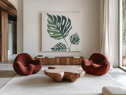 Monstera IV White by Becky Thorns. Shown as extra-large giant wall art in a modern living room. Available as an archival giclee rolled canvas, fine art paper, or poster print. SKU 56168a.