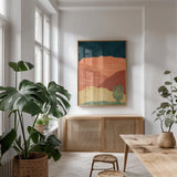 Mountainous II by Becky Thorns. shown as a print in a natural wood frame in a dining room. Available as a archival giclee rolled canvas, fine art paper, or poster print. SKU 75965h.