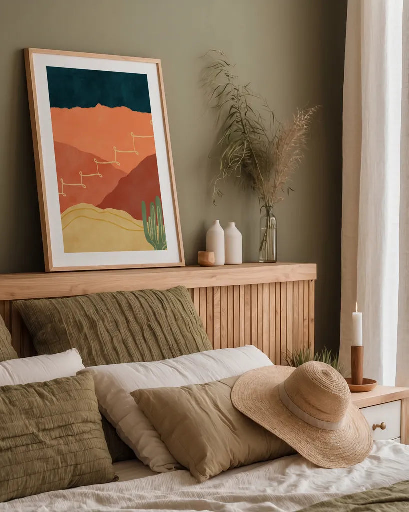Mountainous II by Becky Thorns. shown as a paper print in a natural frame. Available as a archival giclee rolled canvas, fine art paper, or poster print. SKU 75965h.