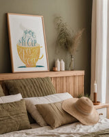 My Cup of Tea by Becky Thorns. shown as a paper print in a natural frame. Available as a archival giclee rolled canvas, fine art paper, or poster print. SKU 61426h.
