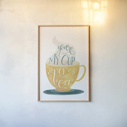 My Cup of Tea by Becky Thorns. shown as a paper print in a natural frame. Available as a archival giclee rolled canvas, fine art paper, or poster print. SKU 61426h.