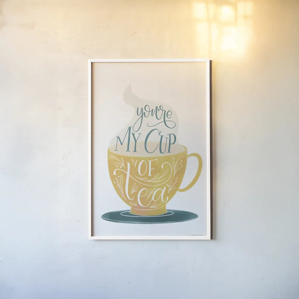 My Cup of Tea by Becky Thorns. shown as a paper print in a white frame. Available as a archival giclee rolled canvas, fine art paper, or poster print. SKU 61426h.