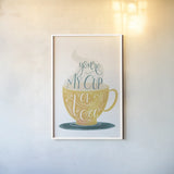 My Cup of Tea by Becky Thorns. shown as a paper print in a white frame. Available as a archival giclee rolled canvas, fine art paper, or poster print. SKU 61426h.