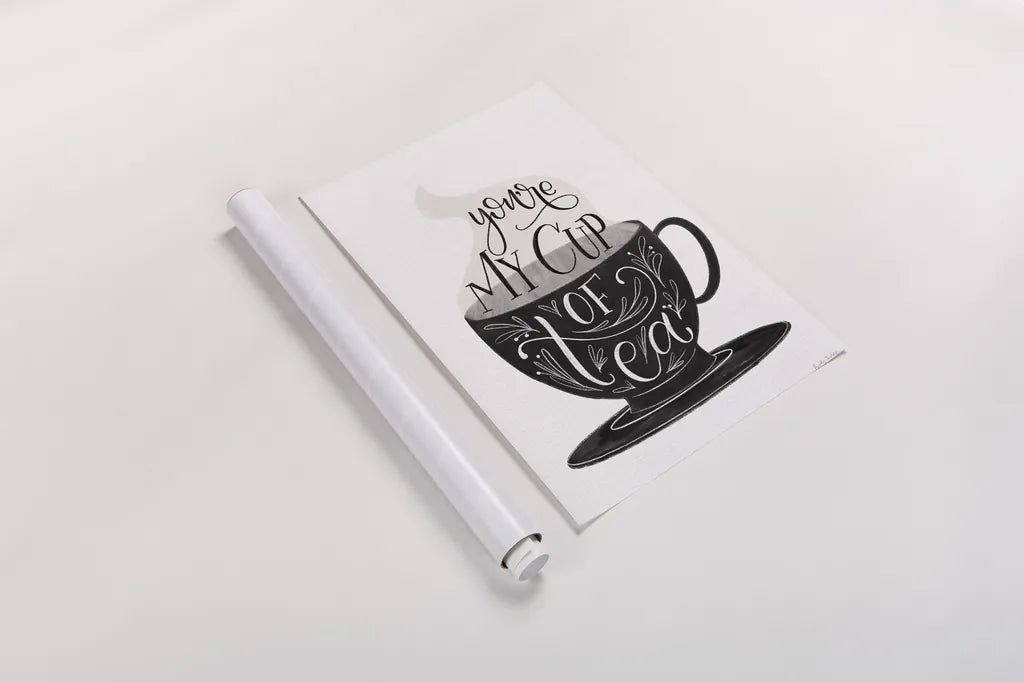 My Cup of Tea BW by Becky Thorns. shown as a rolled paper print. Available as archival giclee rolled canvas, fine art paper, or poster print. SKU 61427h.