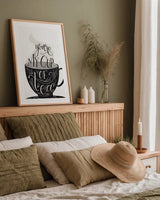 My Cup of Tea BW by Becky Thorns. shown as a paper print in a natural frame. Available as a archival giclee rolled canvas, fine art paper, or poster print. SKU 61427h.