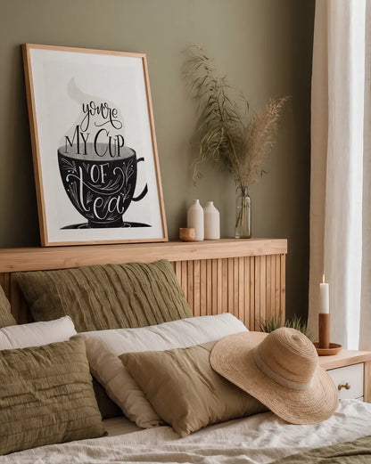 My Cup of Tea BW by Becky Thorns. shown as a paper print in a natural frame. Available as a archival giclee rolled canvas, fine art paper, or poster print. SKU 61427h.