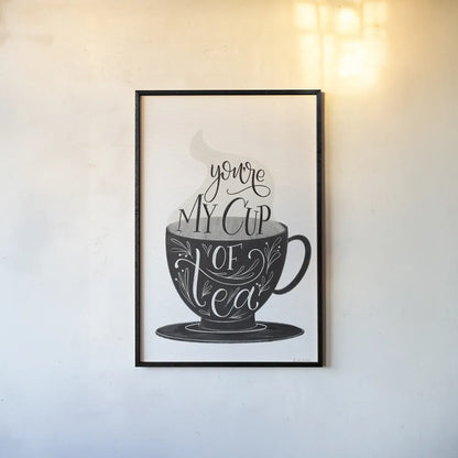 My Cup of Tea BW by Becky Thorns. shown as a paper print in a black flame. Available as a archival giclee rolled canvas, fine art paper, or poster print. SKU 61427h.