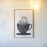 My Cup of Tea BW by Becky Thorns. shown as a paper print in a natural frame. Available as a archival giclee rolled canvas, fine art paper, or poster print. SKU 61427h.