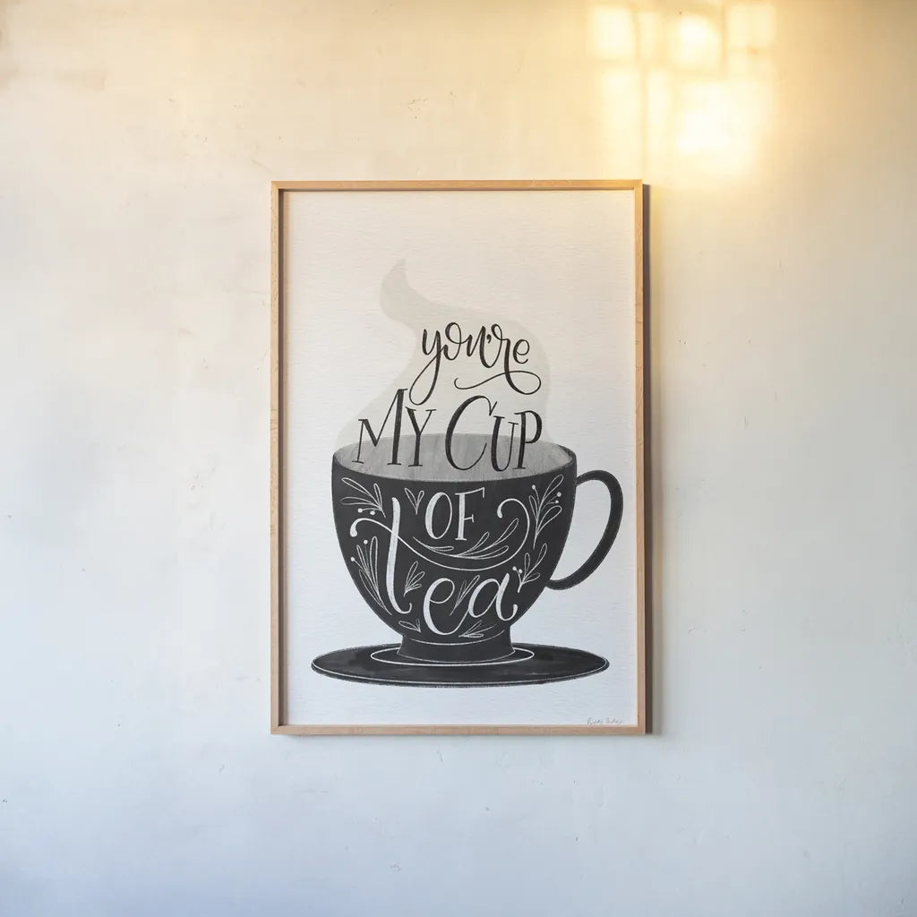 My Cup of Tea BW by Becky Thorns. shown as a paper print in a natural frame. Available as a archival giclee rolled canvas, fine art paper, or poster print. SKU 61427h.