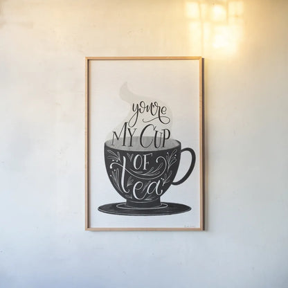 My Cup of Tea BW by Becky Thorns. shown as a paper print in a natural frame. Available as a archival giclee rolled canvas, fine art paper, or poster print. SKU 61427h.