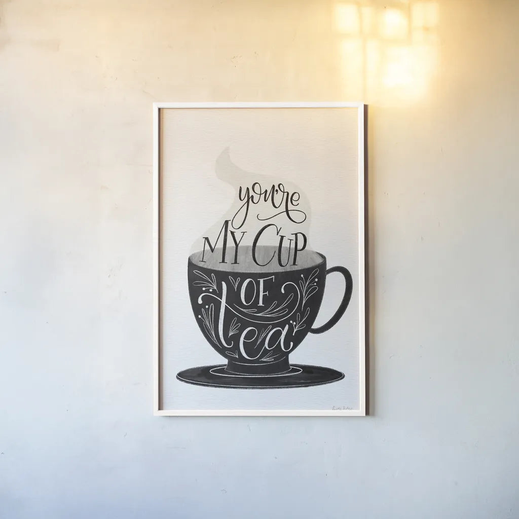 My Cup of Tea BW by Becky Thorns. shown as a paper print in a white frame. Available as a archival giclee rolled canvas, fine art paper, or poster print. SKU 61427h.