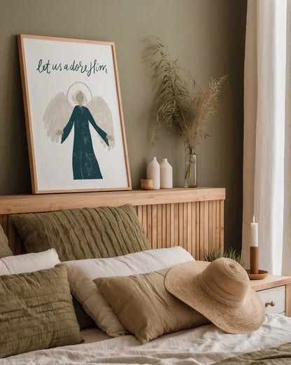 Nativity I by Becky Thorns. shown as a paper print in a natural frame. Available as a archival giclee rolled canvas, fine art paper, or poster print. SKU 73736h.