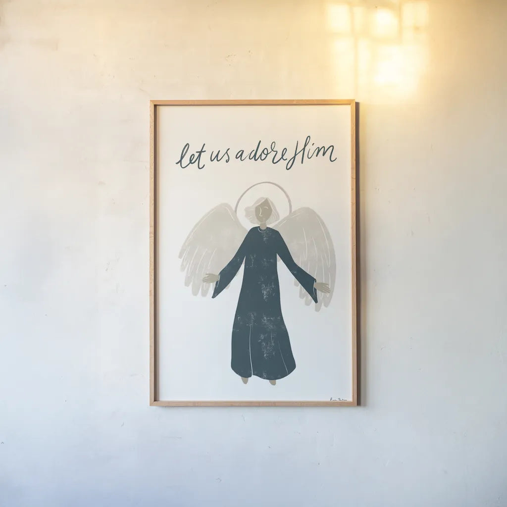 Nativity I by Becky Thorns. shown as a paper print in a natural frame. Available as a archival giclee rolled canvas, fine art paper, or poster print. SKU 73736h.