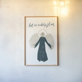 Nativity I by Becky Thorns. shown as a paper print in a natural frame. Available as a archival giclee rolled canvas, fine art paper, or poster print. SKU 73736h.