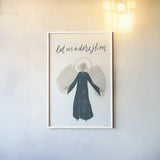 Nativity I by Becky Thorns. shown as a paper print in a white frame. Available as a archival giclee rolled canvas, fine art paper, or poster print. SKU 73736h.