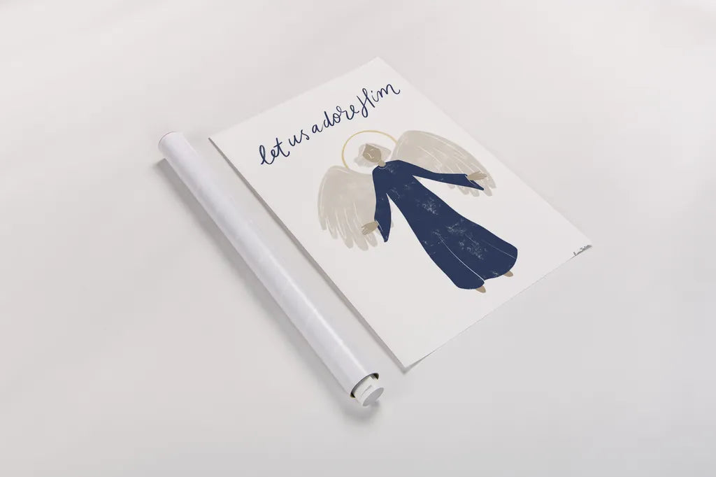 Nativity I with Navy by Becky Thorns. shown as a rolled paper print. Available as archival giclee rolled canvas, fine art paper, or poster print. SKU 75405h.