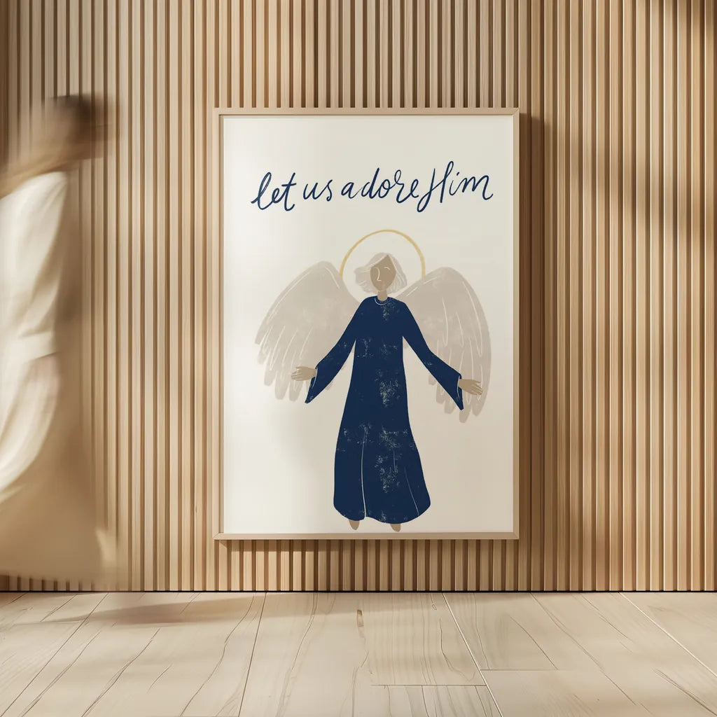 Nativity I with Navy by Becky Thorns. shown as over sized large wall art. Available as an archival giclee rolled canvas, fine art paper, or poster print. SKU 75405h.