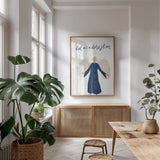 Nativity I with Navy by Becky Thorns. shown as a print in a natural wood frame in a dining room. Available as a archival giclee rolled canvas, fine art paper, or poster print. SKU 75405h.