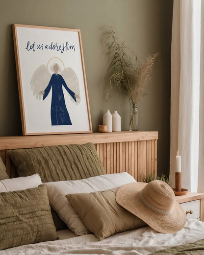 Nativity I with Navy by Becky Thorns. shown as a paper print in a natural frame. Available as a archival giclee rolled canvas, fine art paper, or poster print. SKU 75405h.