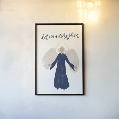 Nativity I with Navy by Becky Thorns. shown as a paper print in a black flame. Available as a archival giclee rolled canvas, fine art paper, or poster print. SKU 75405h.