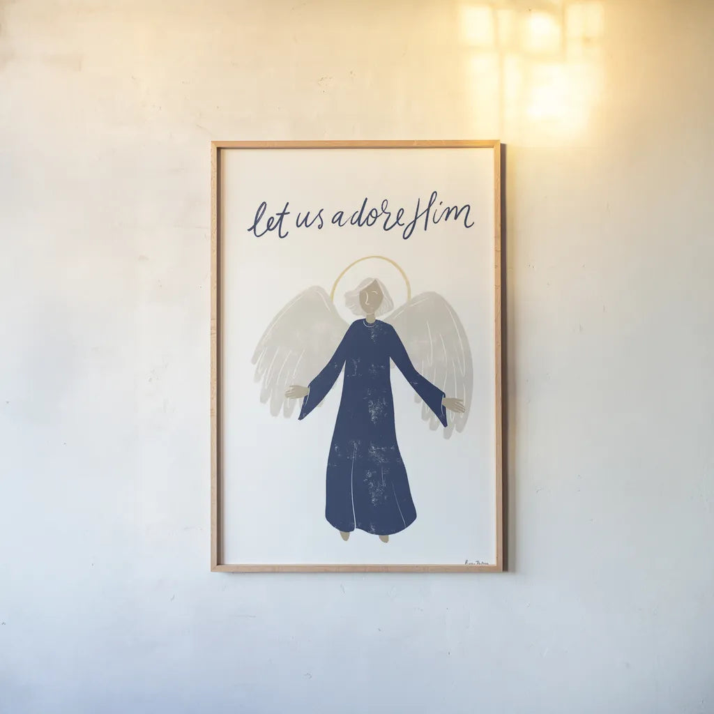 Nativity I with Navy by Becky Thorns. shown as a paper print in a natural frame. Available as a archival giclee rolled canvas, fine art paper, or poster print. SKU 75405h.