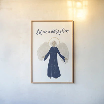 Nativity I with Navy by Becky Thorns. shown as a paper print in a natural frame. Available as a archival giclee rolled canvas, fine art paper, or poster print. SKU 75405h.