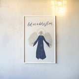 Nativity I with Navy by Becky Thorns. shown as a paper print in a white frame. Available as a archival giclee rolled canvas, fine art paper, or poster print. SKU 75405h.