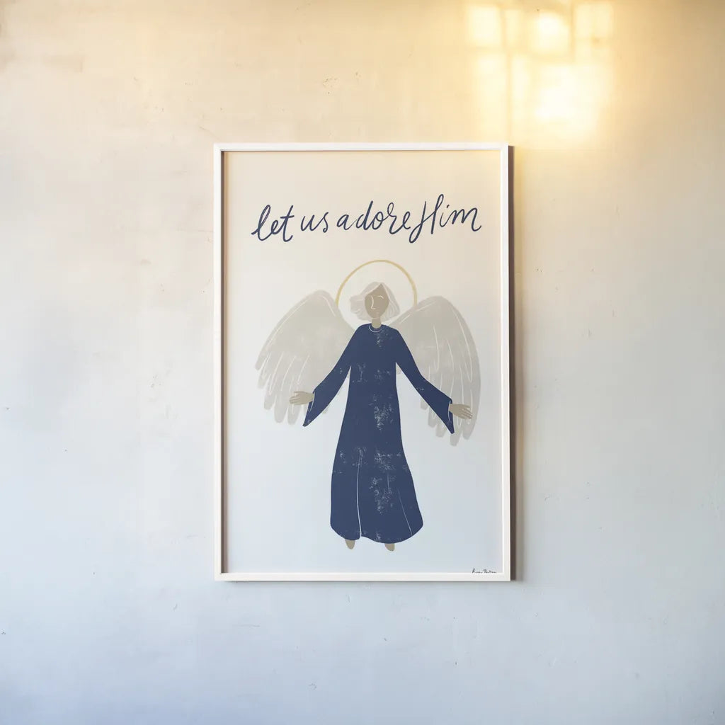 Nativity I with Navy by Becky Thorns. shown as a paper print in a white frame. Available as a archival giclee rolled canvas, fine art paper, or poster print. SKU 75405h.